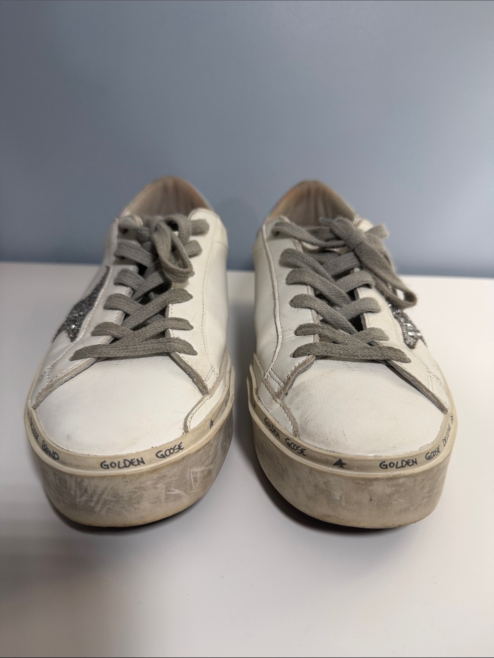 Golden Goose White Leather Hi Star Sneaker with Silver Glitter Star 38 - Picture 4 of 15
